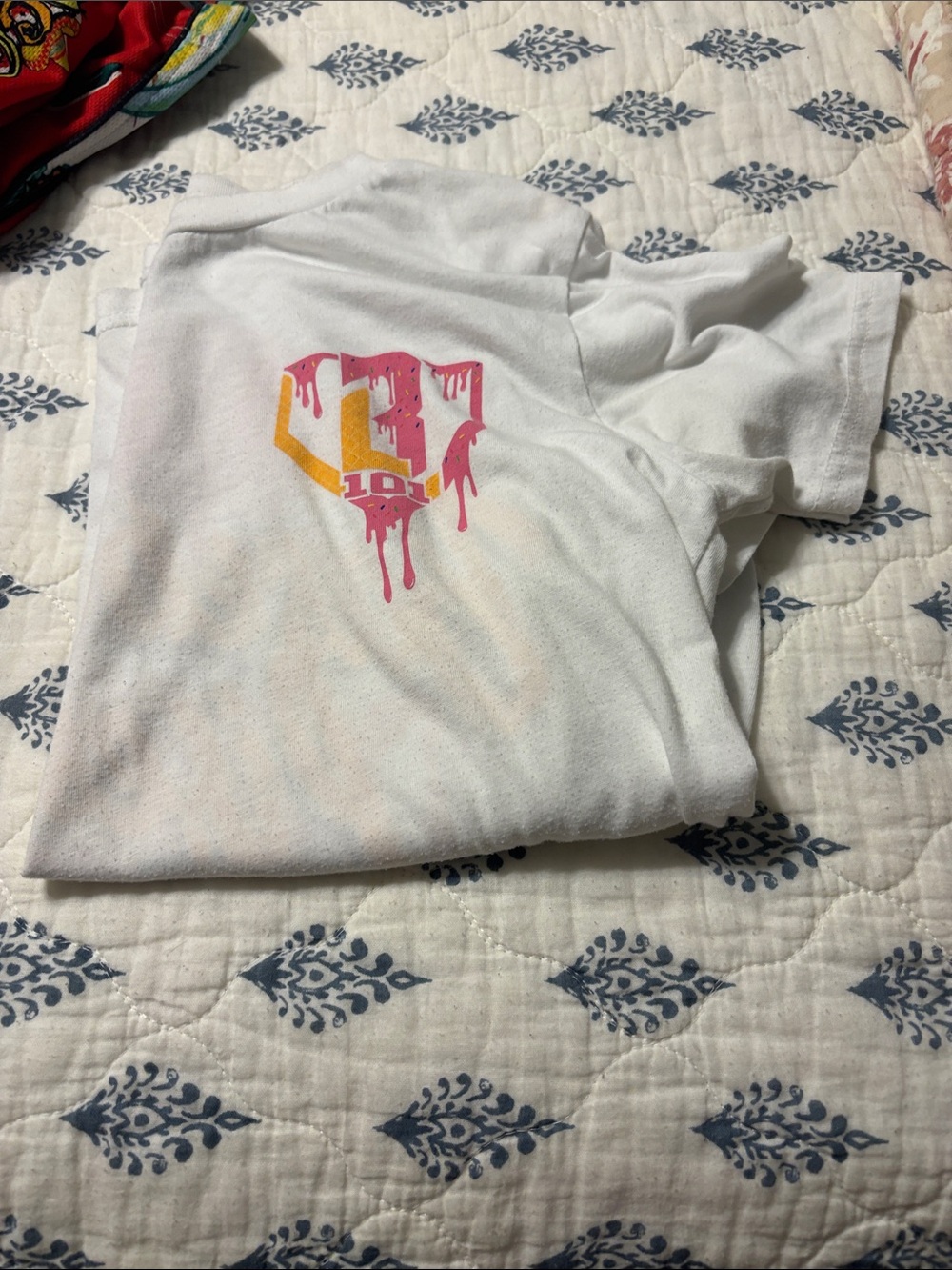 White Kids Short-Sleeve Graphic Tee with Pink & Yellow Drip Design